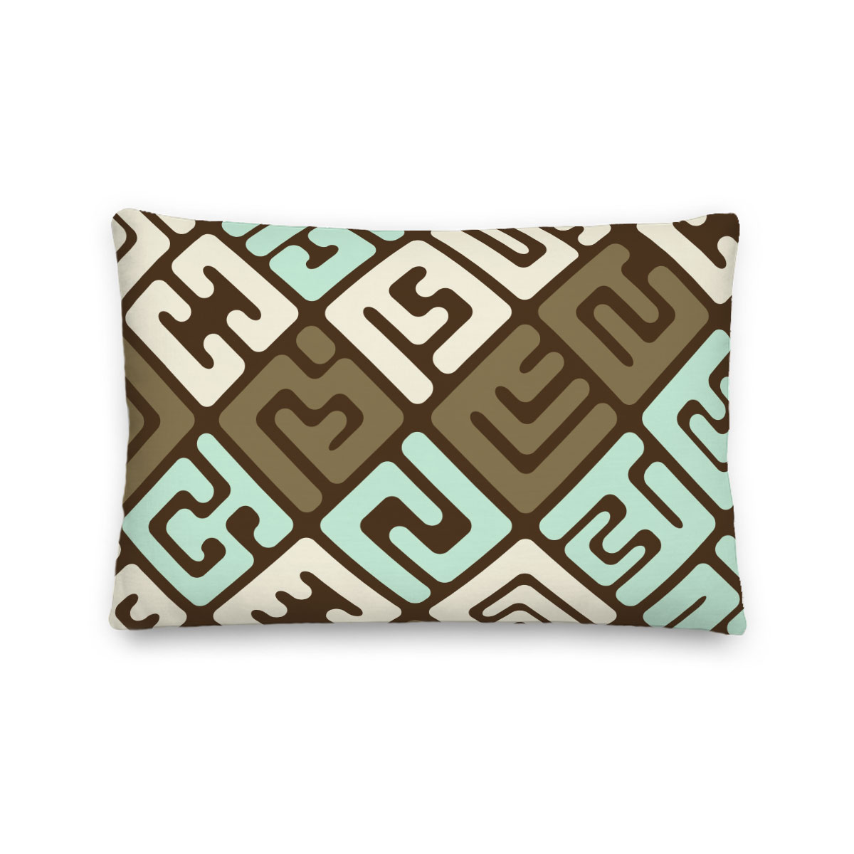 Kuba cloth inspired lumbar pillow – Earthtones with Mint Green