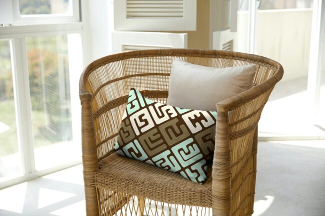 Kuba cloth inspired lumbar pillow – Earthtones with Mint Green