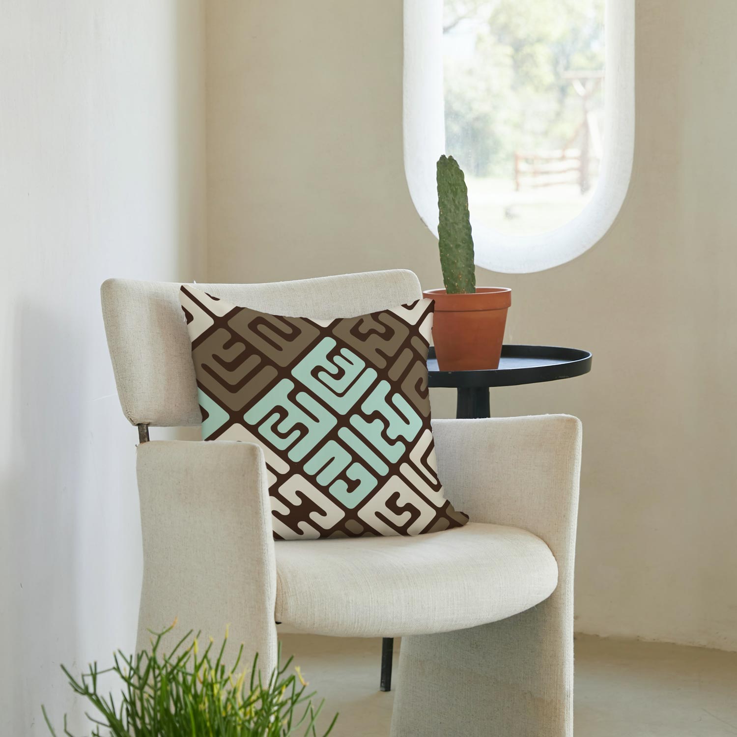 Modern Kuba – square throw pillow in earthtones and mint green