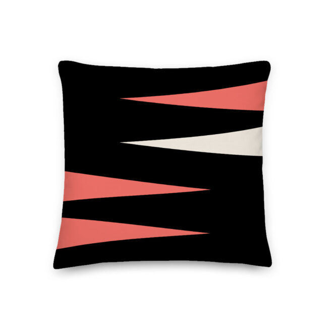 Black Throw Pillow with Coral Triangles (Shards of Color – Coral Pink)