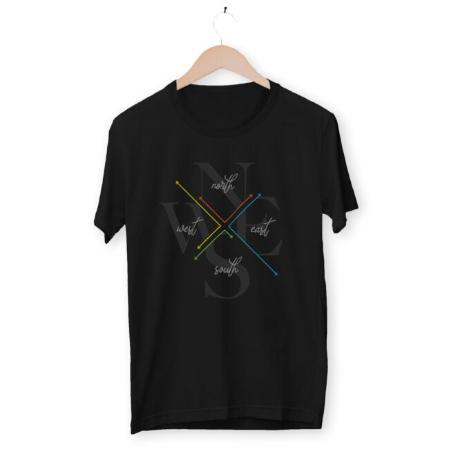 Four Corner Nomad T-shirt (North South East West) – black tshirt with rainbow compass