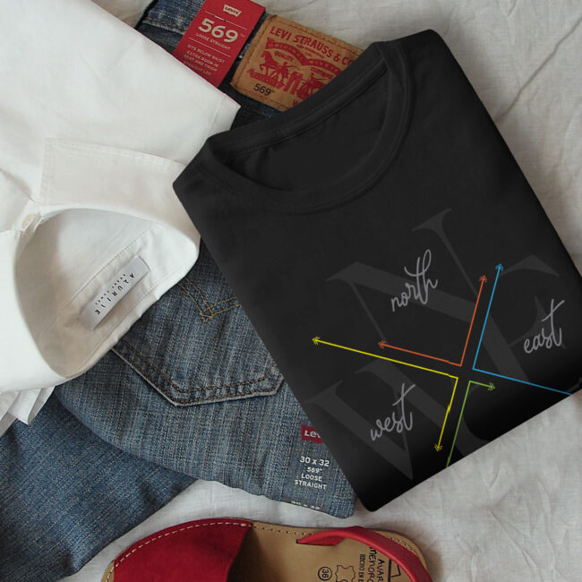 Four Corner Nomad T-shirt (North South East West) – black tshirt with rainbow compass