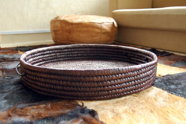 Woven Basket Platter ~20in (large chocolate-brown tabletop / floor basket tray)