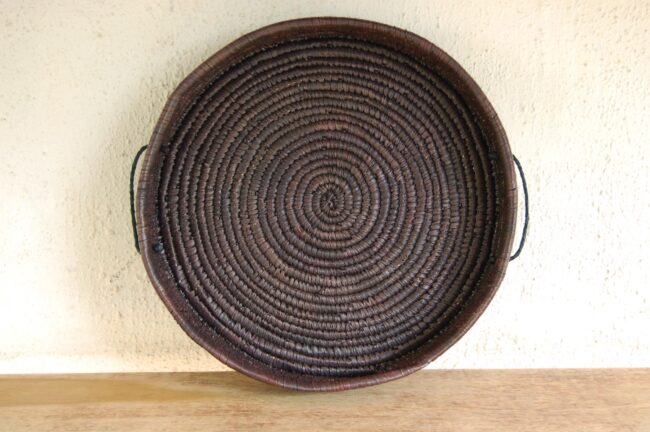 Woven Basket Platter ~20in (large chocolate-brown tabletop / floor basket tray)