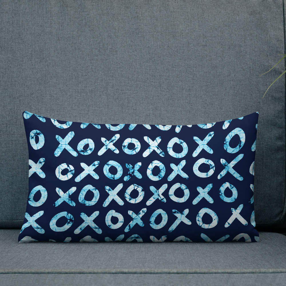 Hugs + Kisses Lumbar Pillow (blue) – batik style print
