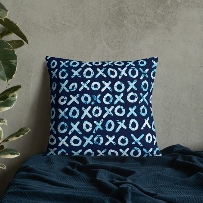 Hugs + Kisses Square Throw Pillow (blue) – batik style print