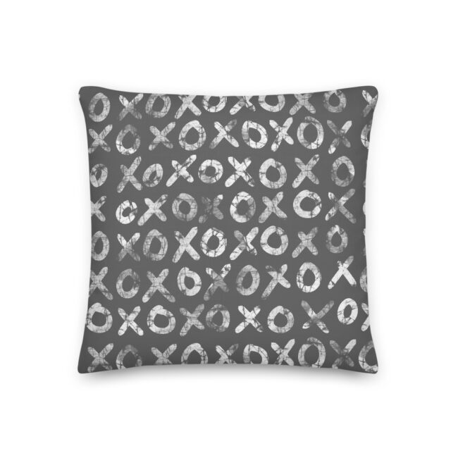 Hugs + Kisses Square Throw Pillow (grey) – batik style print