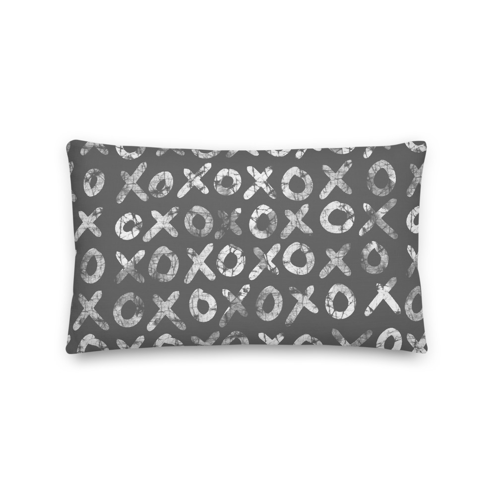 Hugs + Kisses Lumbar Pillow (grey) – batik style print