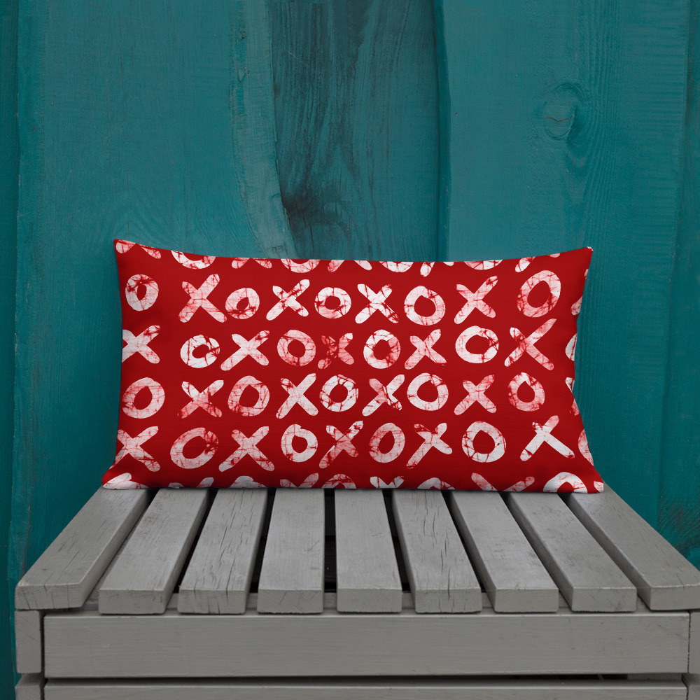 Hugs + Kisses Lumbar Pillow (red) – batik style print