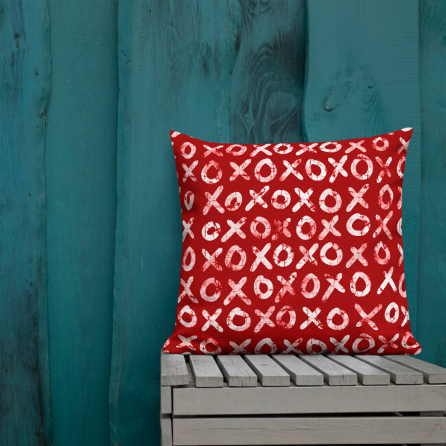 Hugs + Kisses Square Throw Pillow (red) – batik style print