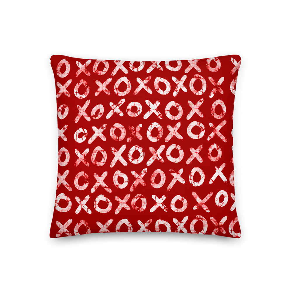 Hugs + Kisses Square Throw Pillow (red) – batik style print