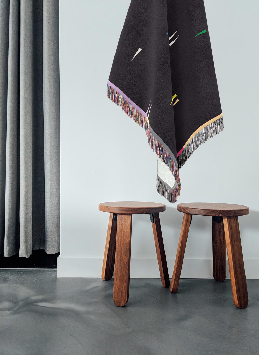 Fula V (dusk) – black woven cotton throw blanket with colorful triangles