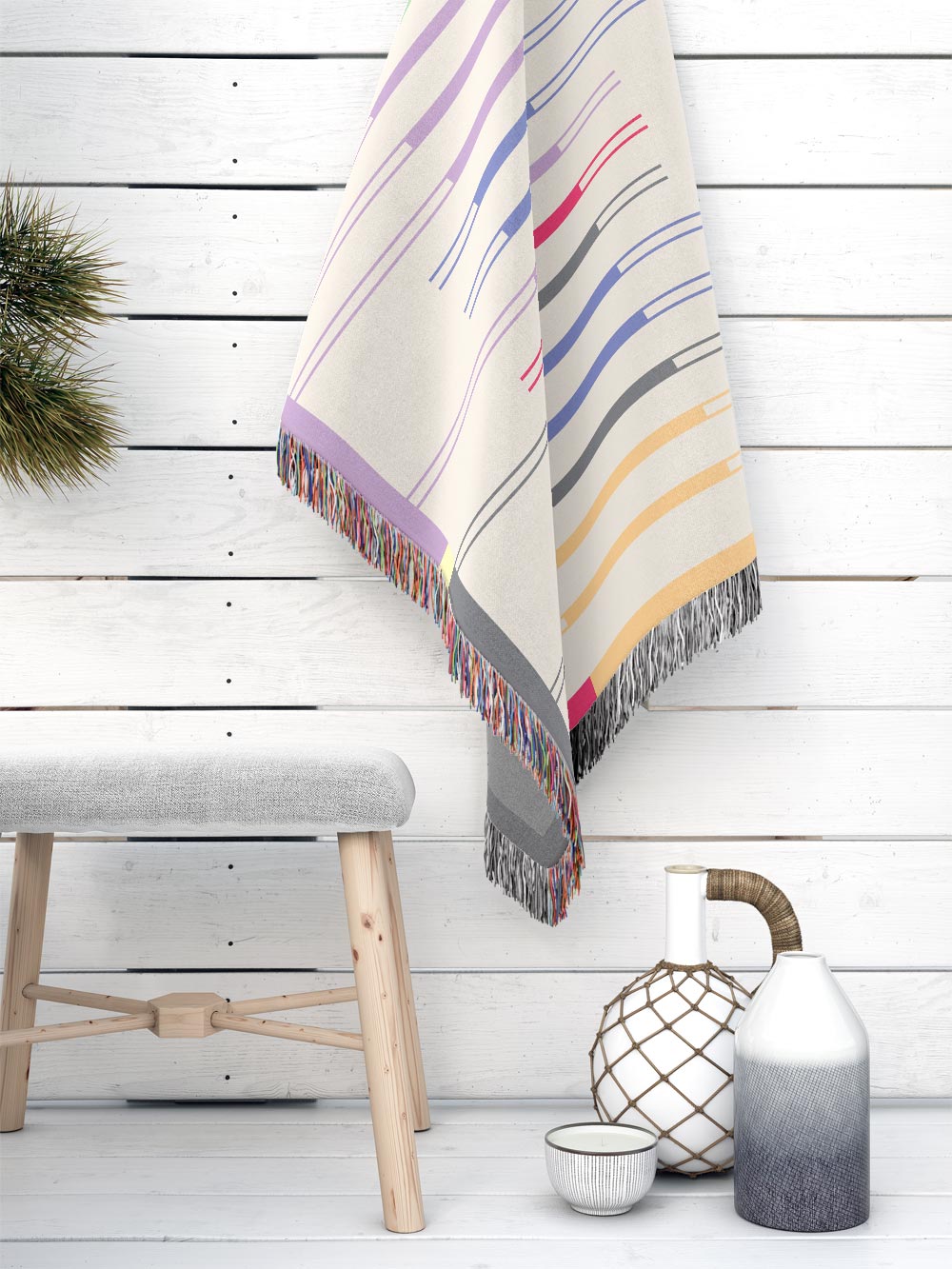 Fula I (dawn) – off-white woven throw blanket with colorful striped elements
