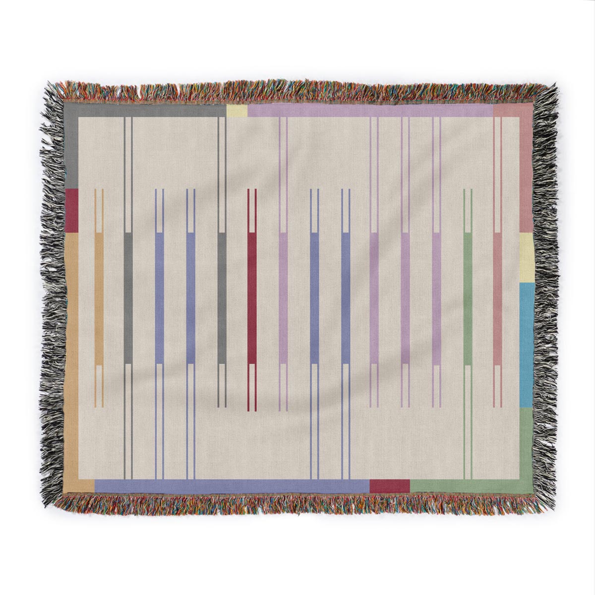 Fula I (dawn) – off-white woven throw blanket with colorful striped elements