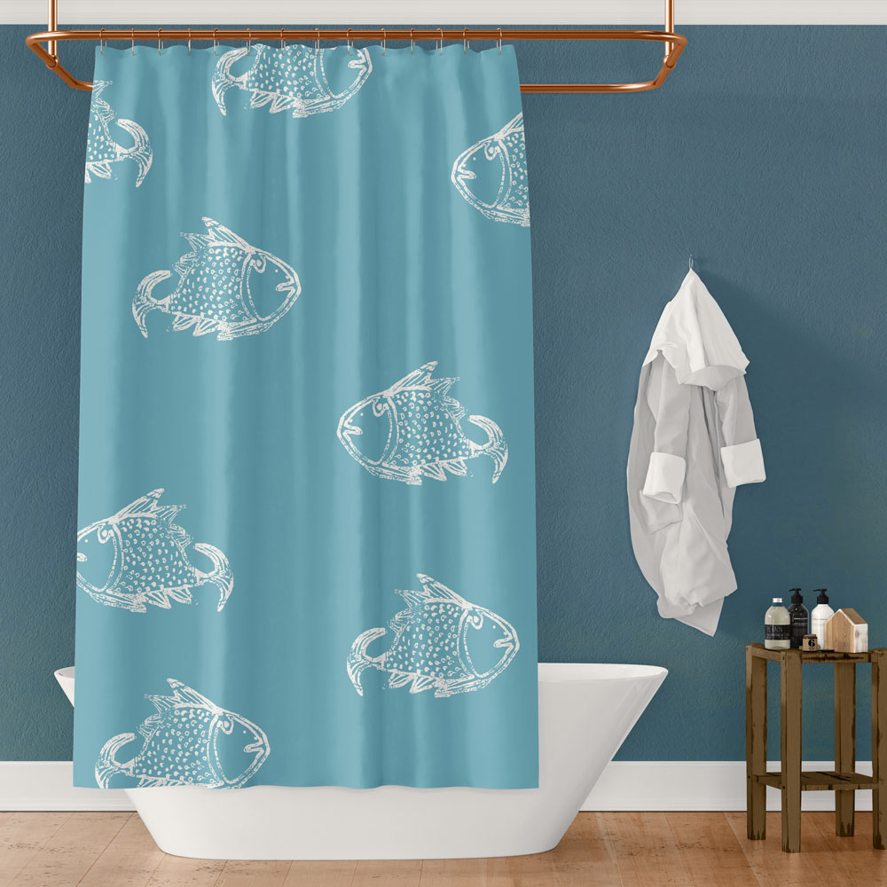 Big Fish – white on blue shower curtain