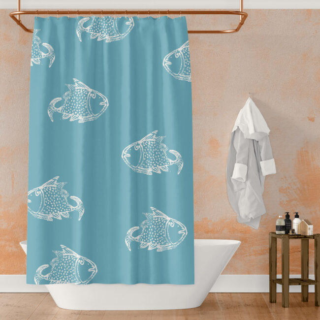 Big Fish – white on blue shower curtain