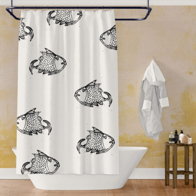 Big Fish – black on white shower curtain