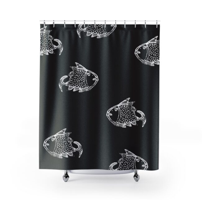 Big Fish – white on black shower curtain