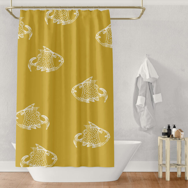 Big Fish – white on mustard shower curtain