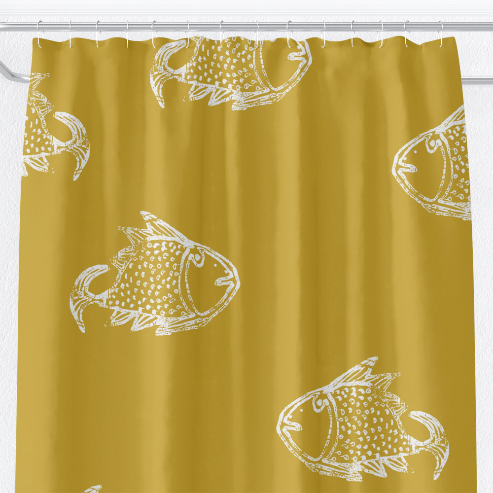 Big Fish – white on mustard shower curtain