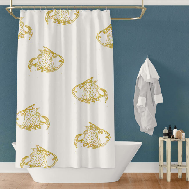Big Fish Mustard On White Shower, Mustard Yellow Fabric Shower Curtain
