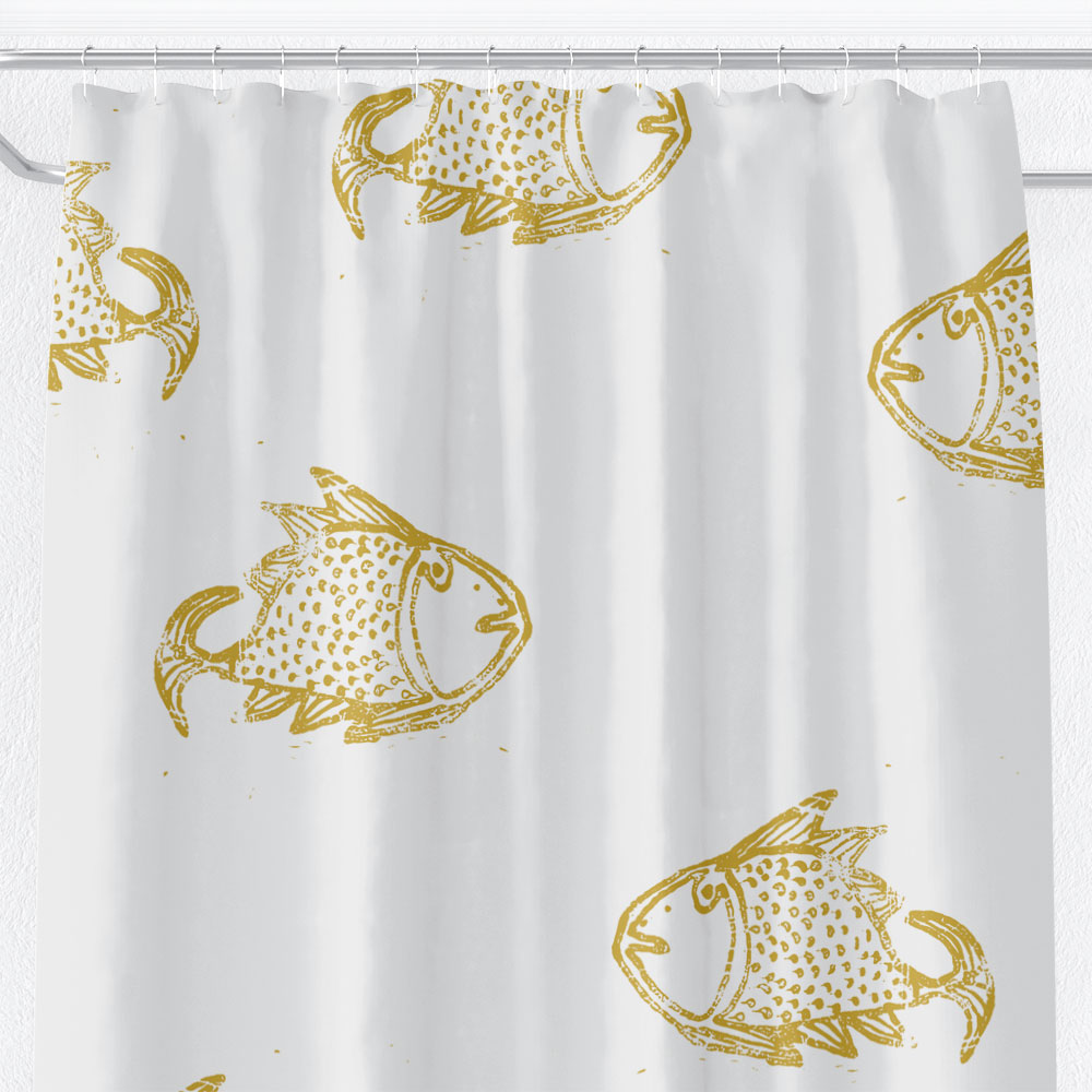 Big Fish – mustard on white shower curtain