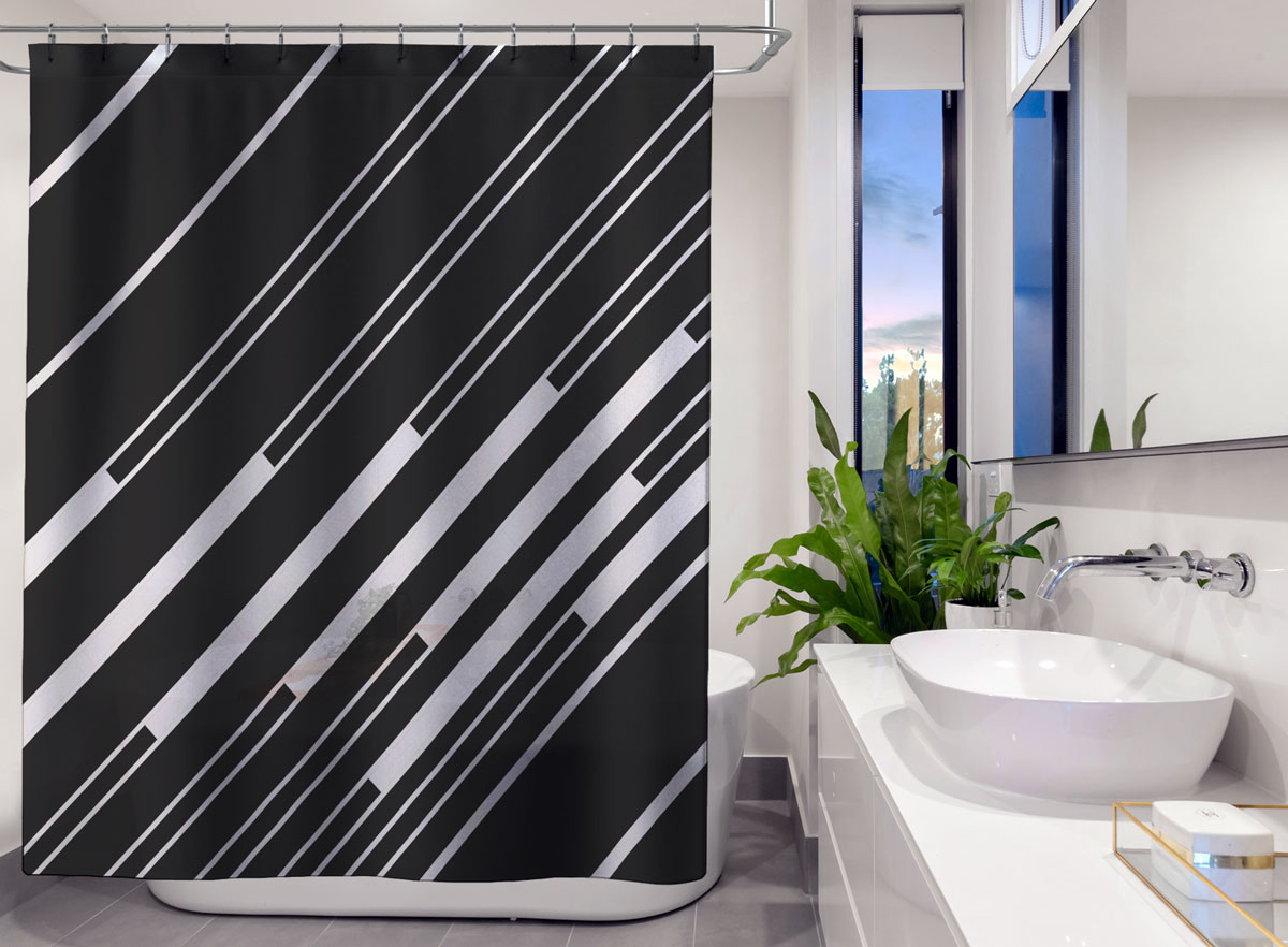 Ivory Keys: black shower curtain with diagonal stripes