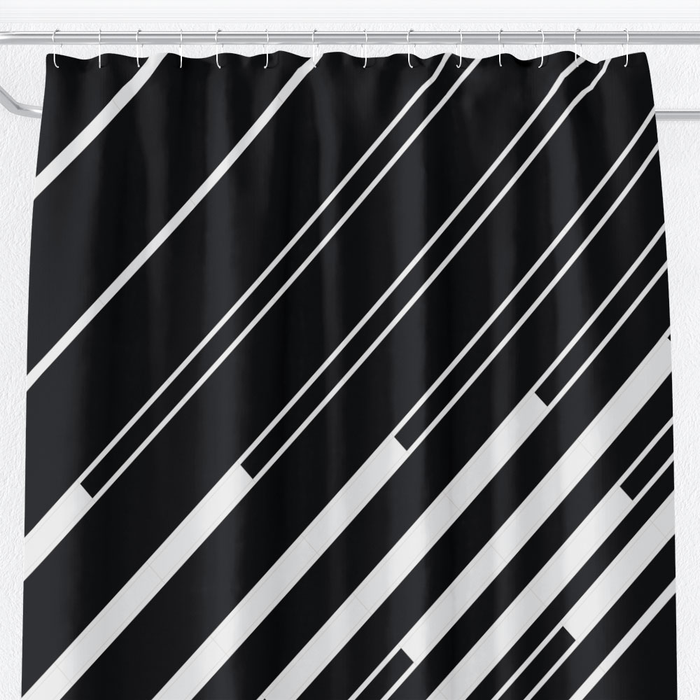 Ivory Keys: black shower curtain with diagonal stripes