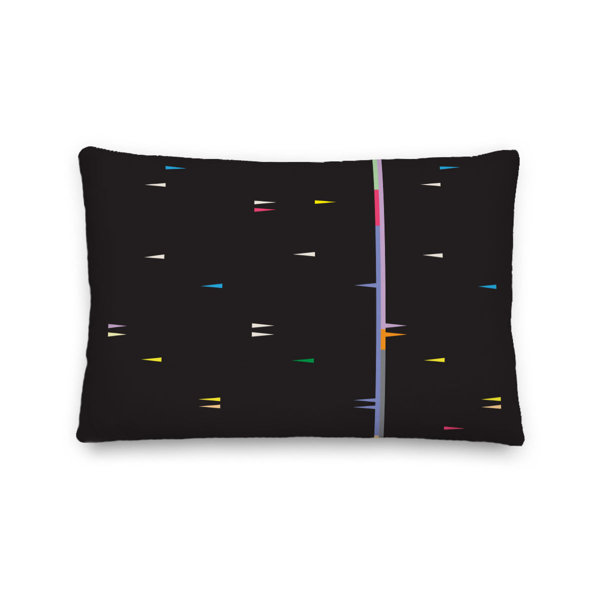 Black Lumbar Pillow with Colorful Triangels (Fula V – dusk) – indoor or outdoor
