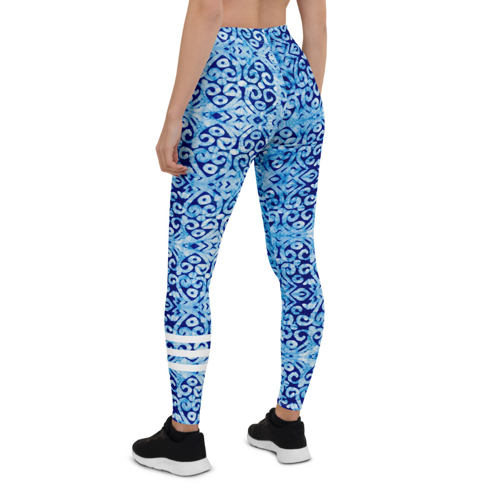 Blue Yoga Leggings • White Pattern & Stripes • AfriMod