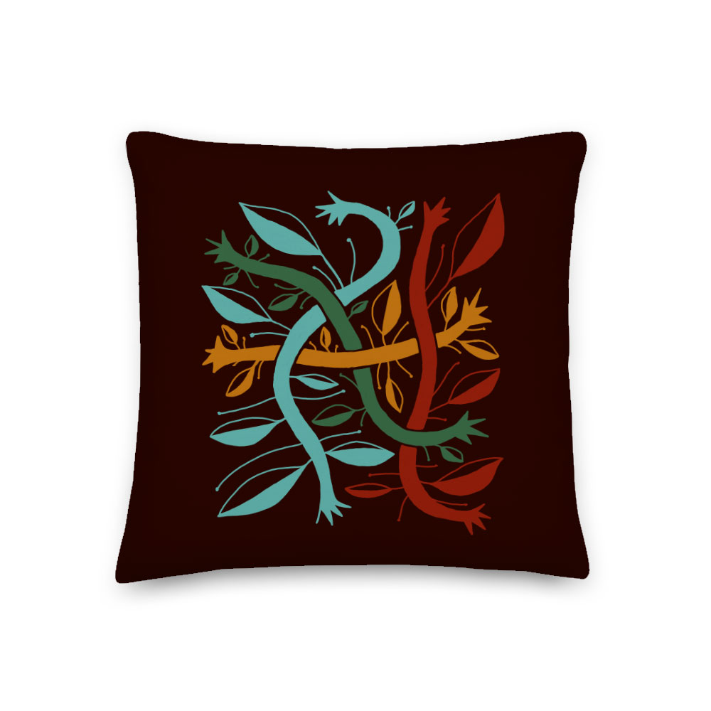 Burgundy Botanical Throw Pillow (Bogolanfini Garden) – indoor/outdoor pillow