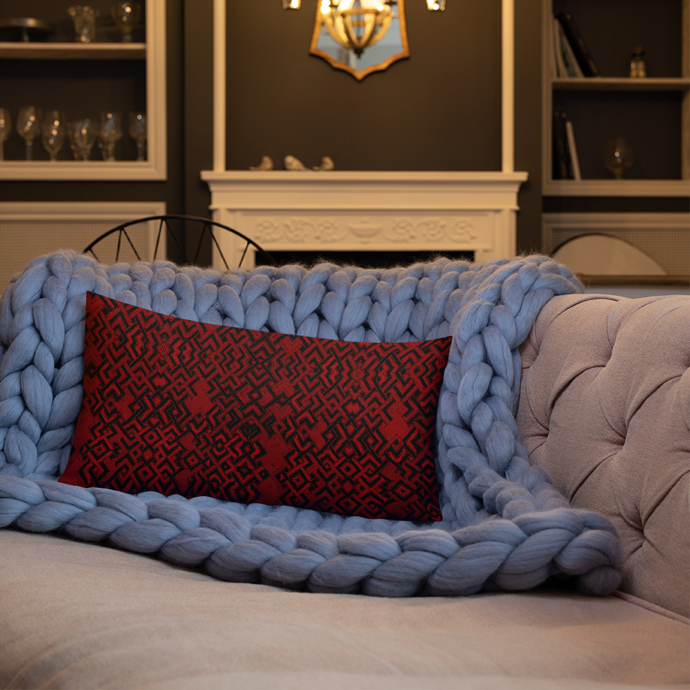 Dark Red Abstract Lumbar Pillow (Kuba-inspired) – indoor or outdoor
