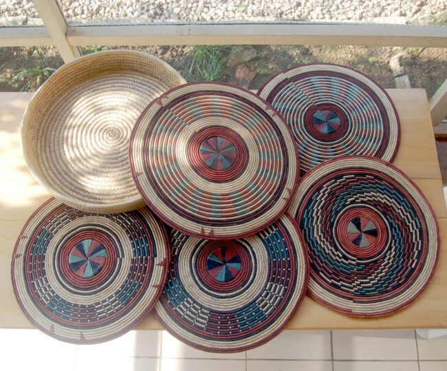 African flat Baskets | Set #13 – Rustic Red & Green