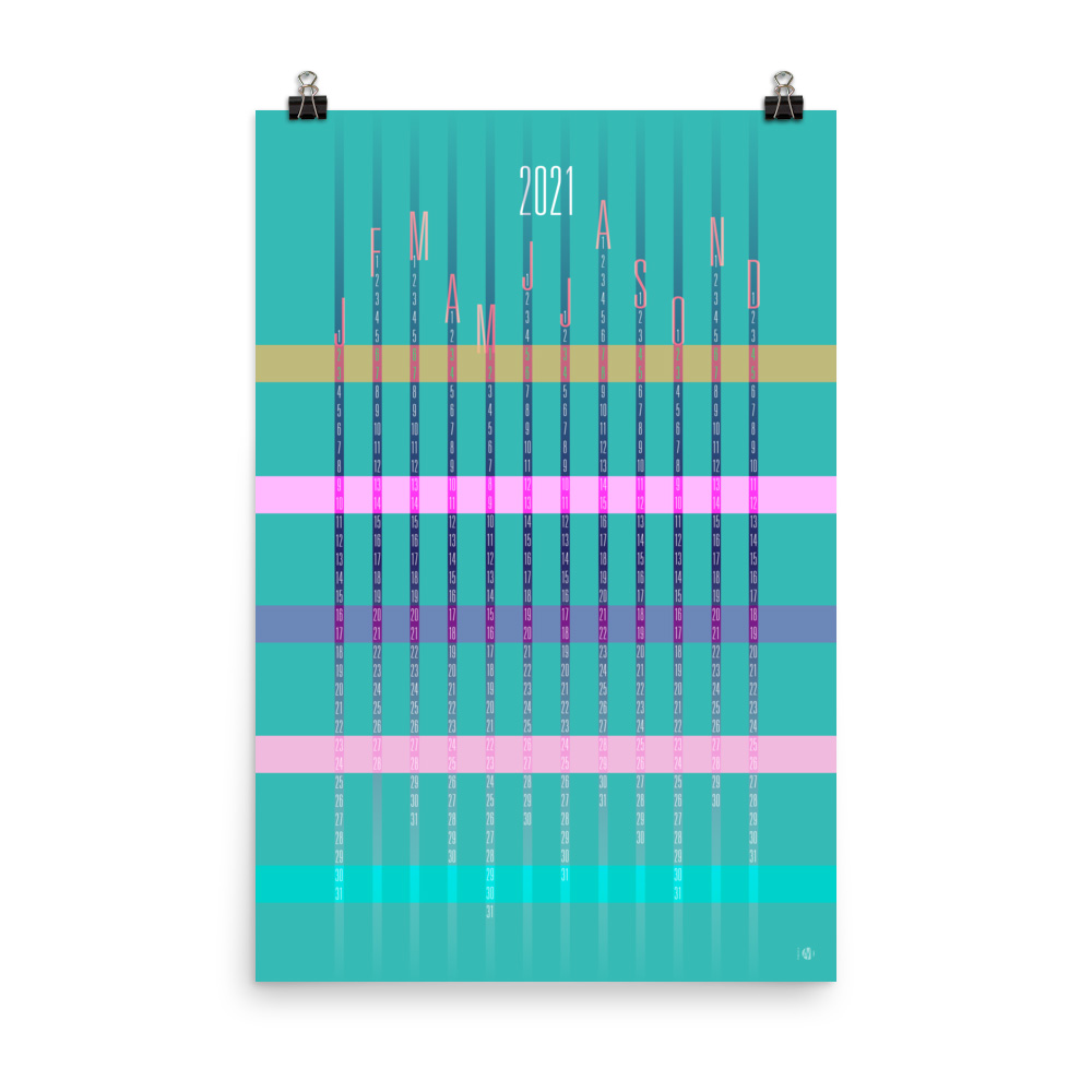 Colorful Modern Year-at-a-Glance 2021 Vertical Calendar – Aqua