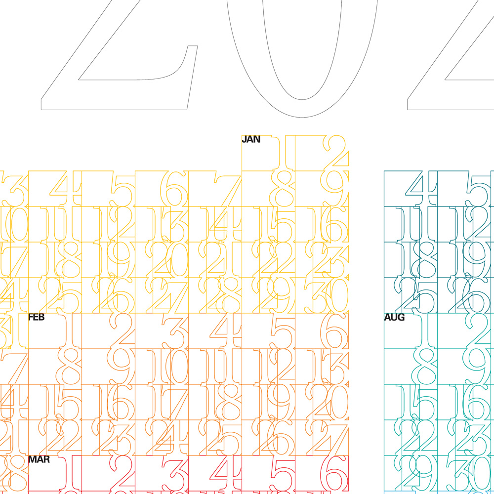 Modern Typographic Year-at-a-Glance 2021 Rainbow Calendar – White