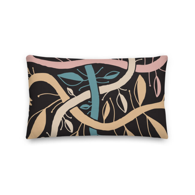 Dark Botanical Lumbar Pillow in Black and Pastels (Dark Garden) – indoor or outdoor