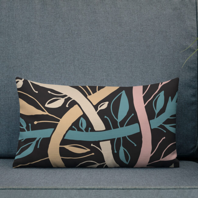 Dark Botanical Lumbar Pillow in Black and Pastels (Dark Garden) – indoor or outdoor