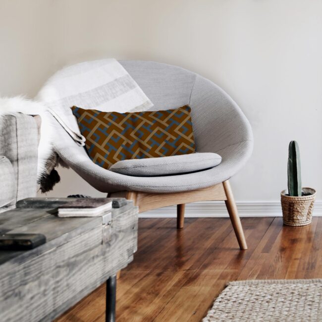 Brown & Navy Geometric Lumbar Pillow – indoor/outdoor pillow
