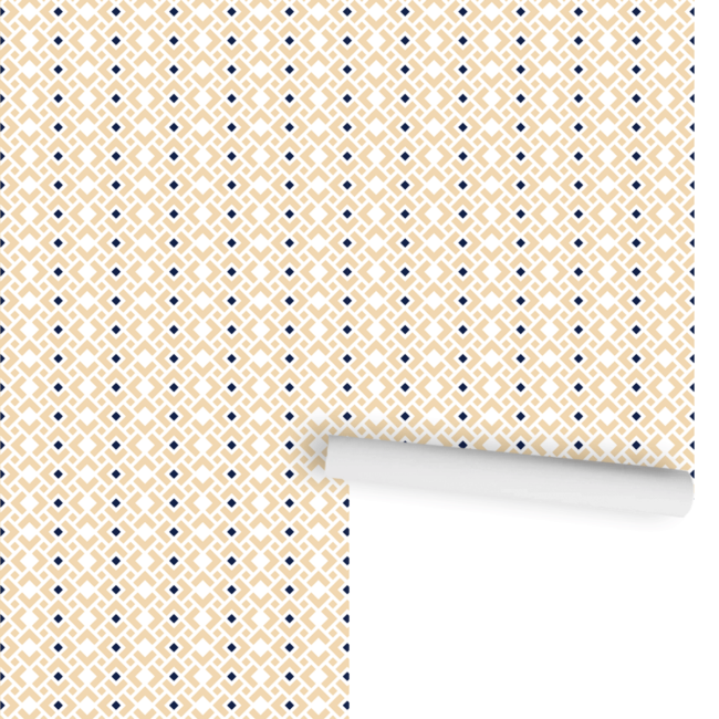 Cream Diamond Lattice Wallpaper with Blue and White Accents