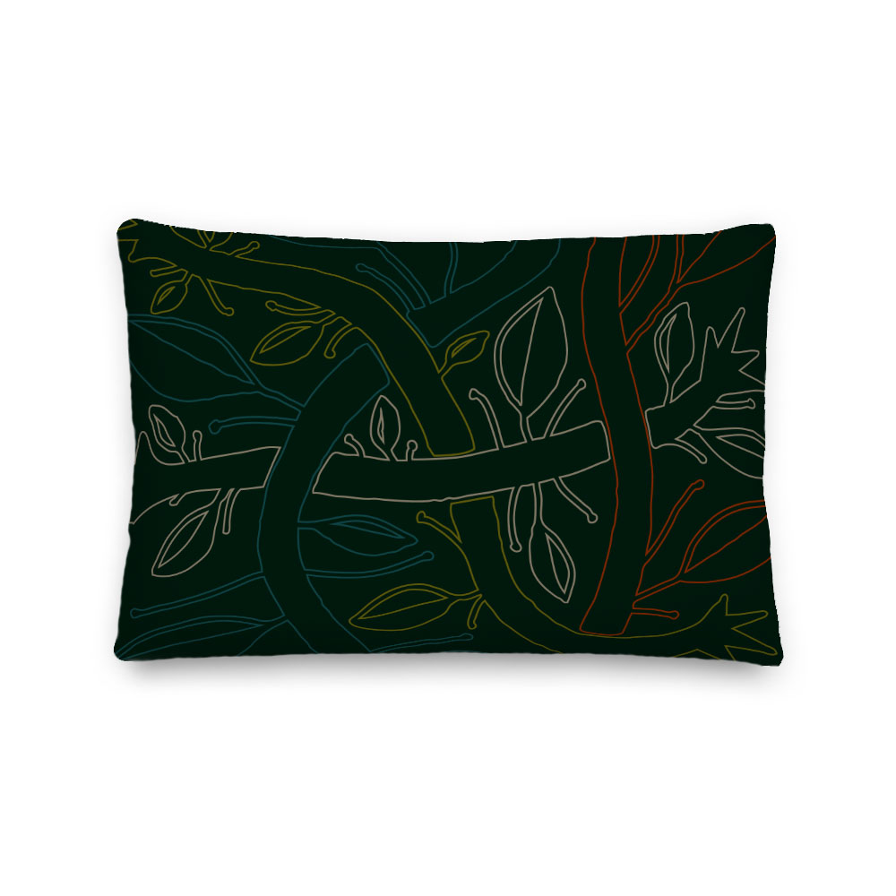 Black Botanical Lumbar Pillow (Midnight Garden Glow) – indoor or outdoor