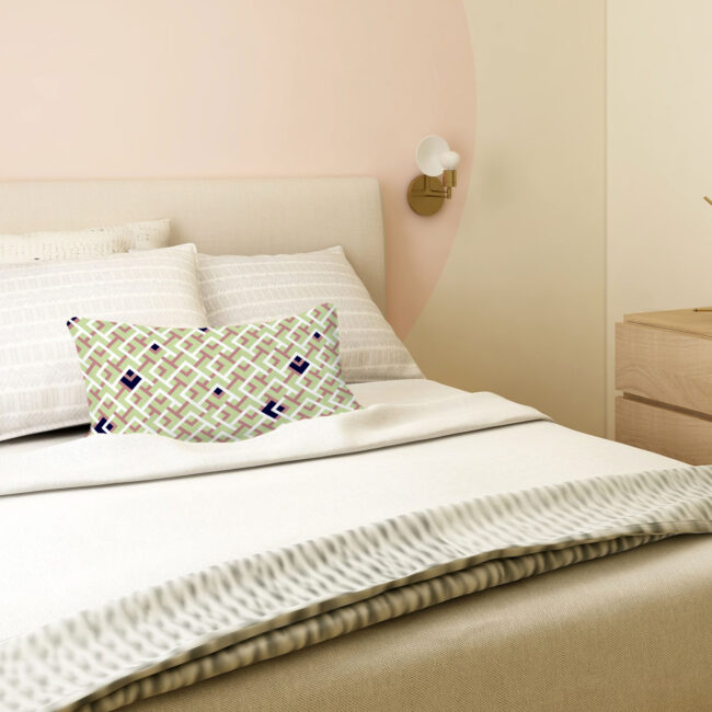 Playful Green, Navy & Rose Geometric Lumbar Pillow – indoor/outdoor pillow