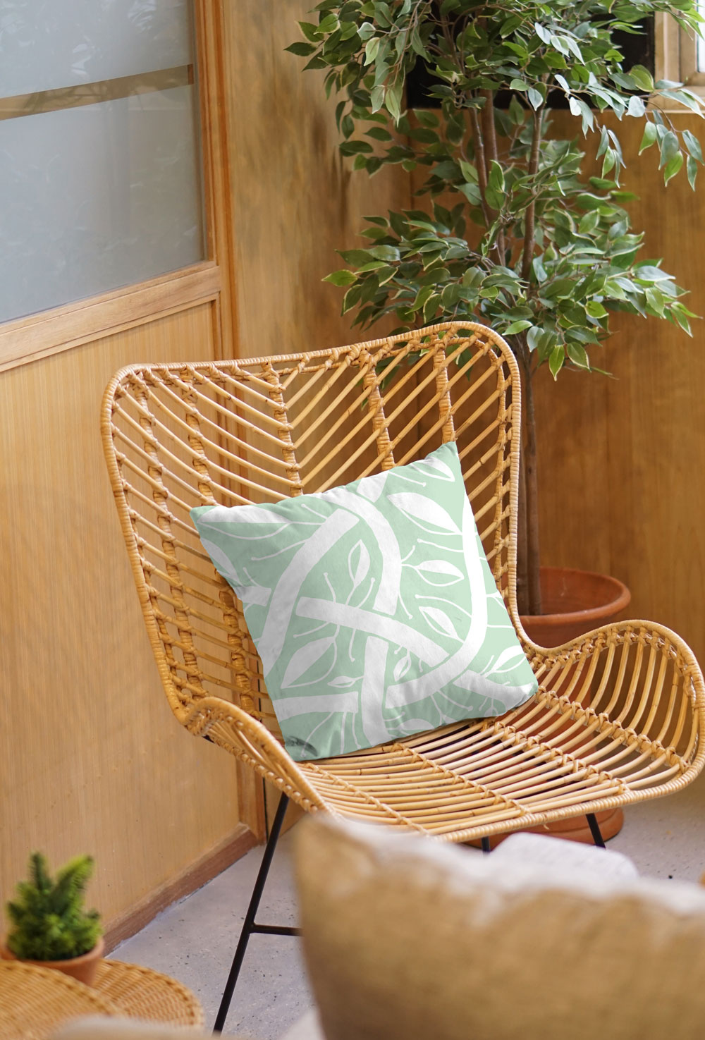 Mint Green Abstract Botanical Pillow (Bogolanfini Garden) – indoor/outdoor pillow