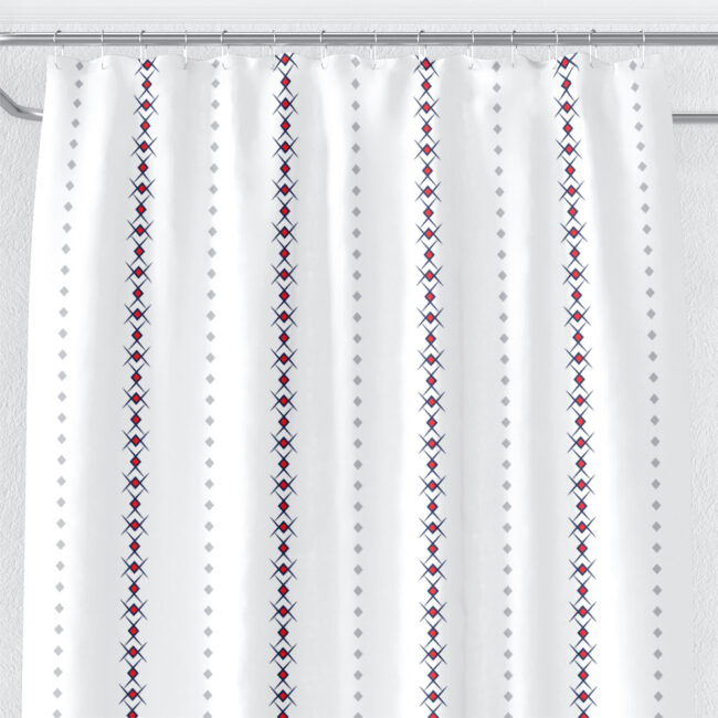 White Shower Curtain with Vertical Geometric Stripes