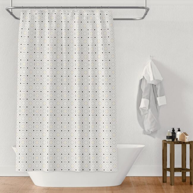 Yellow Geometric Shower Curtain, Black White And Brown Shower Curtain