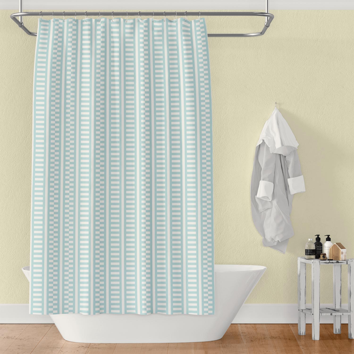 Blue and White Shower Curtain (Shifted Stripes)