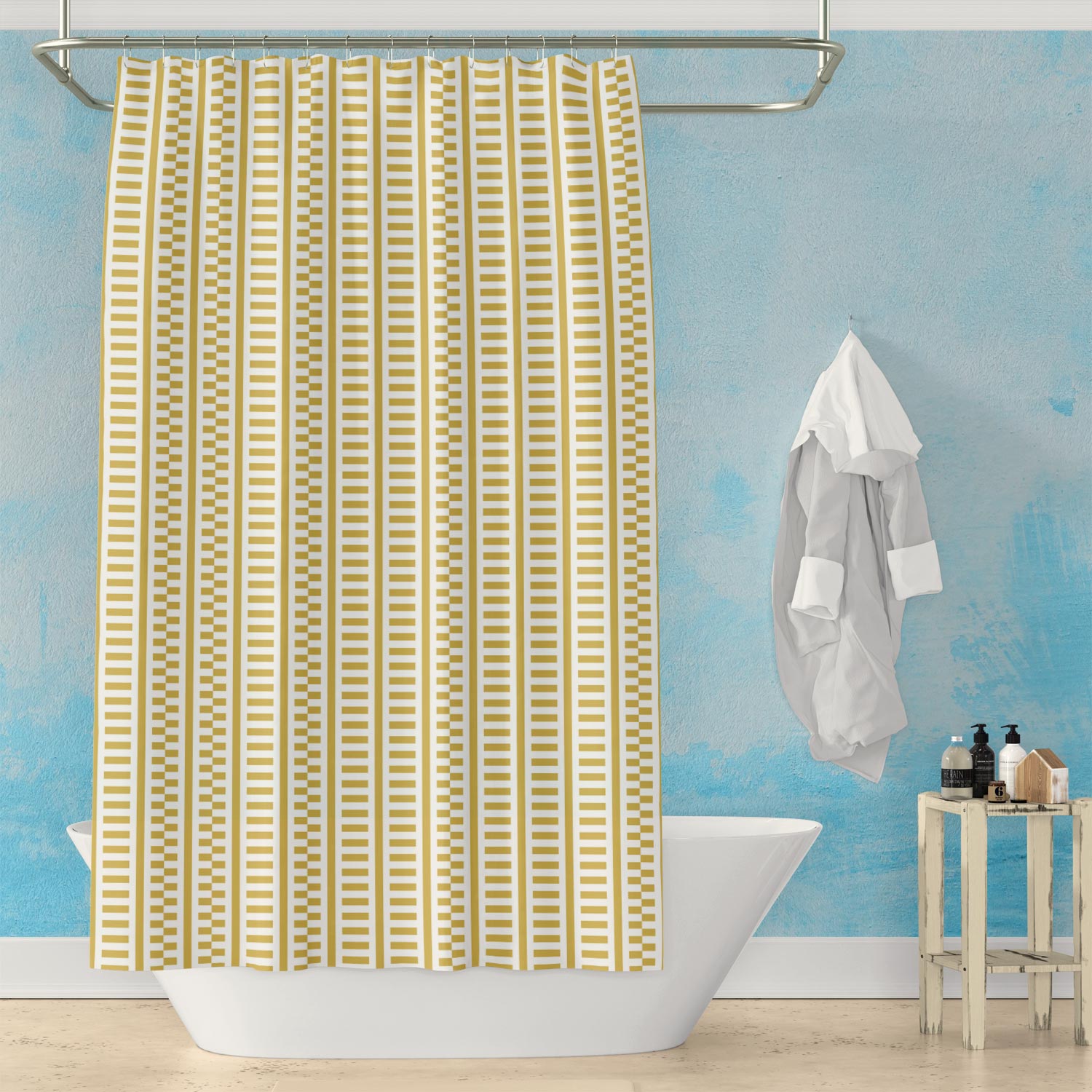 Mustard and White Shifted Stripes Shower Curtain