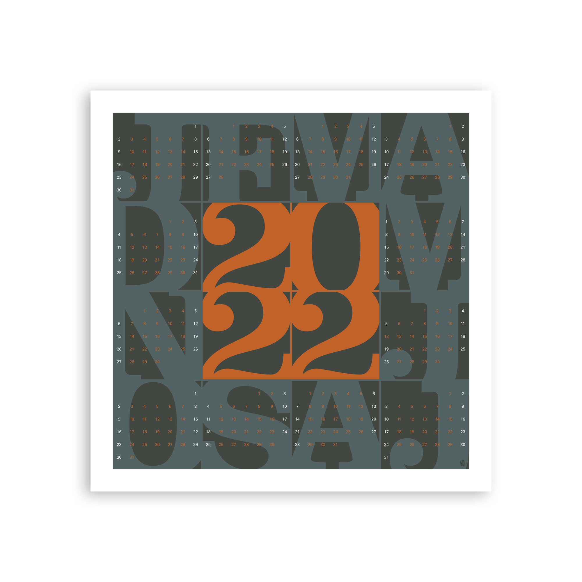 Square One (Blood Moon) – Minimalist 2022 Square Year-at-a-Glance Calendar