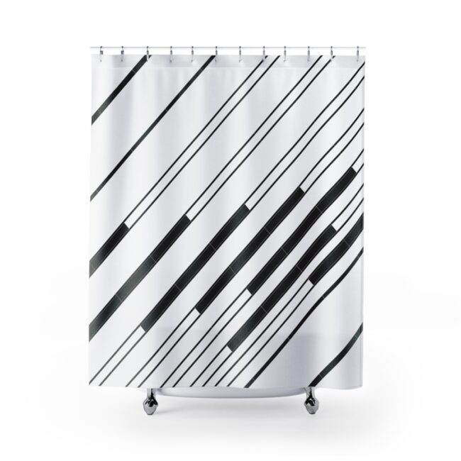 Piano Keys (white) – white shower curtain with diagonal stripes