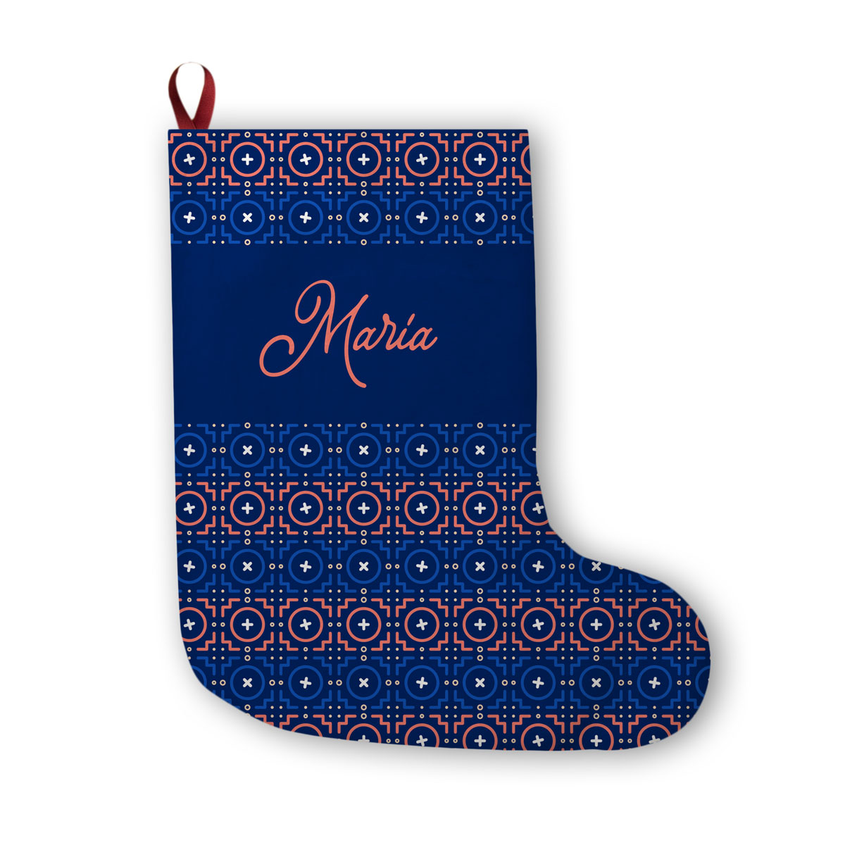 Blue Personalizable Christmas Stocking – modern mud cloth tile pattern