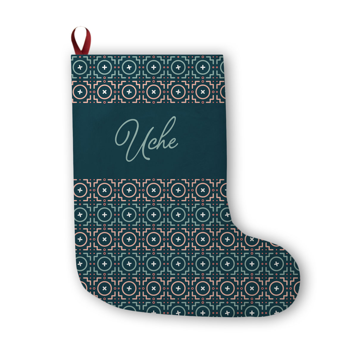 Green Personalizable Christmas Stocking – modern mud cloth tile pattern